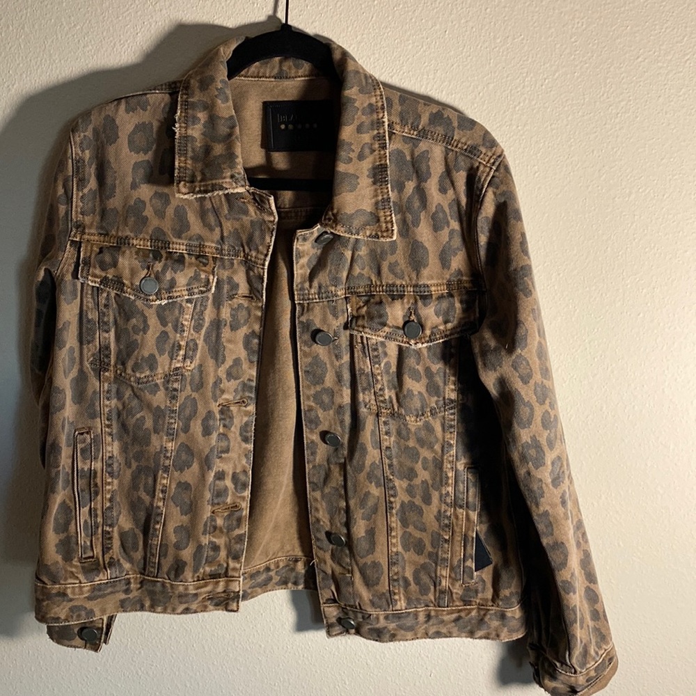 NWT Blank NYC Brown Catwalk Leopard Print Distressed Denim Jacket